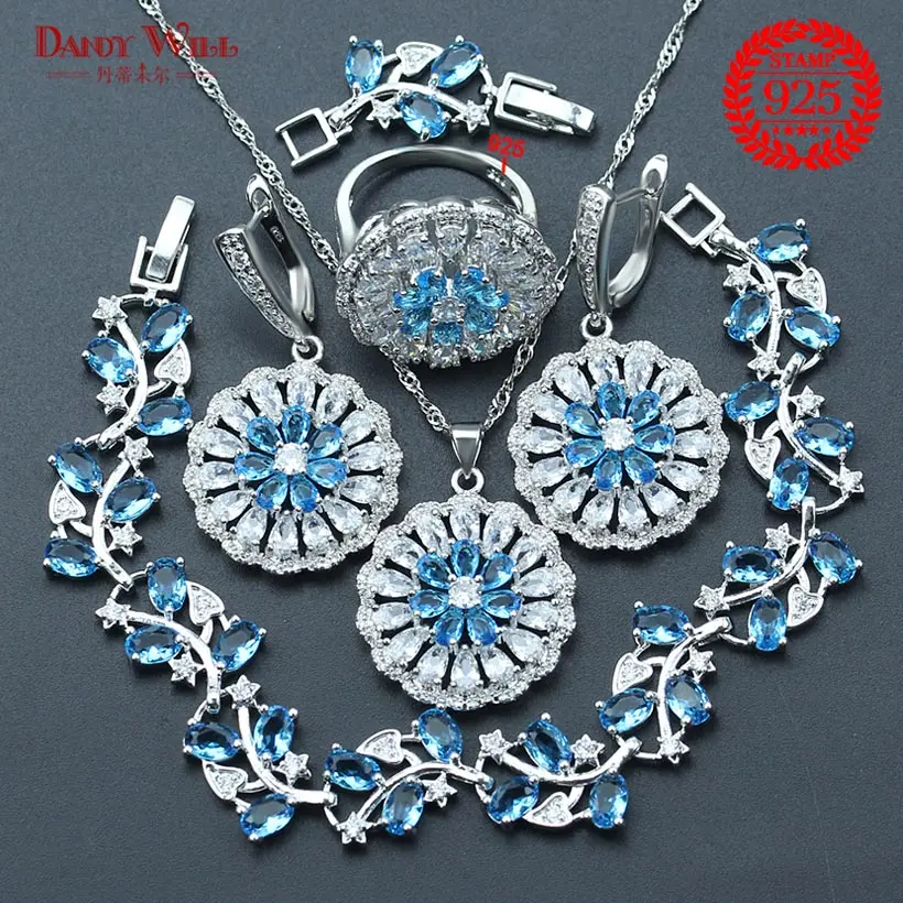 Серебряный 925 свадебный ювелирный набор для женщин Свадебный светильник с синим