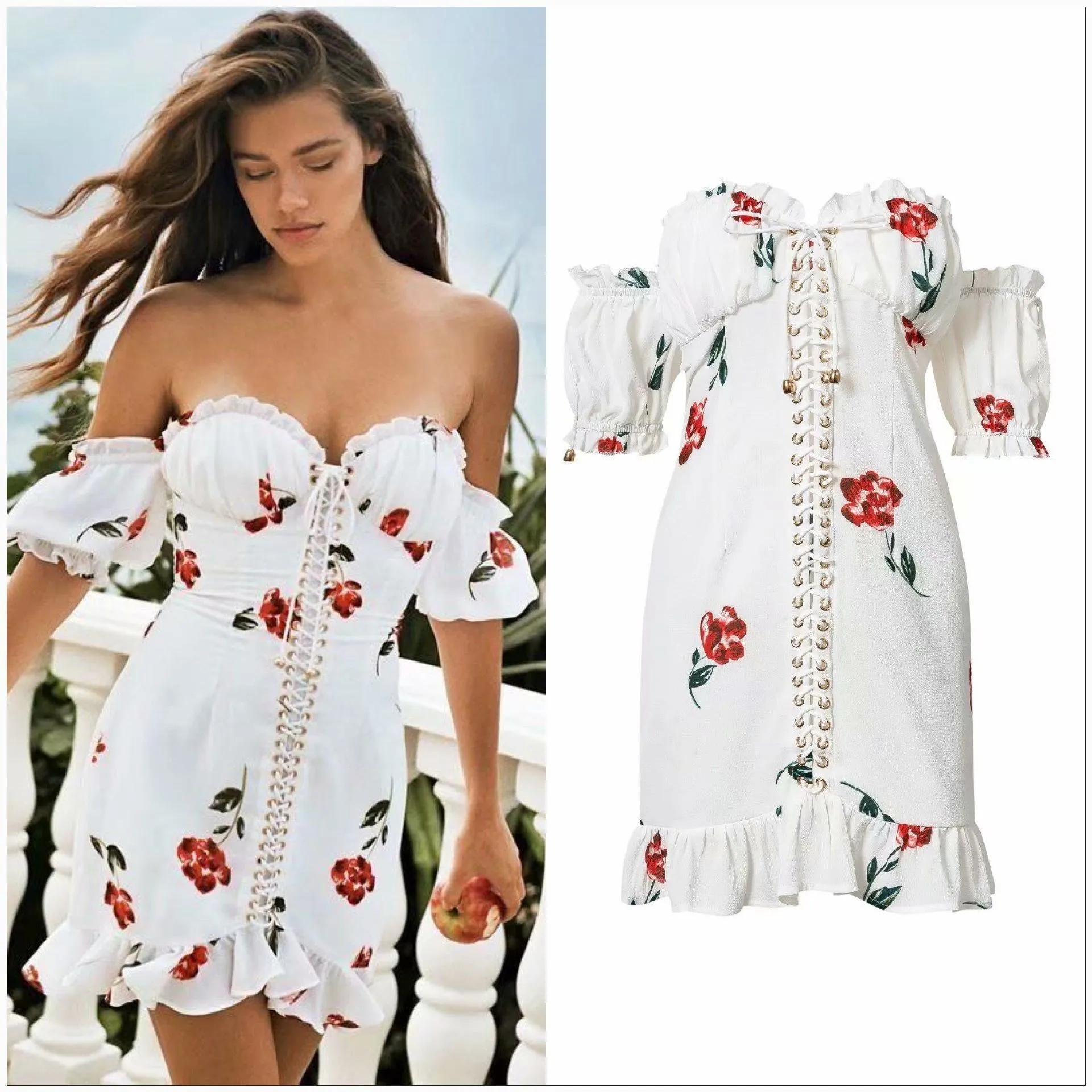 Женское винтажное короткое платье с открытыми плечами белое пляжное со