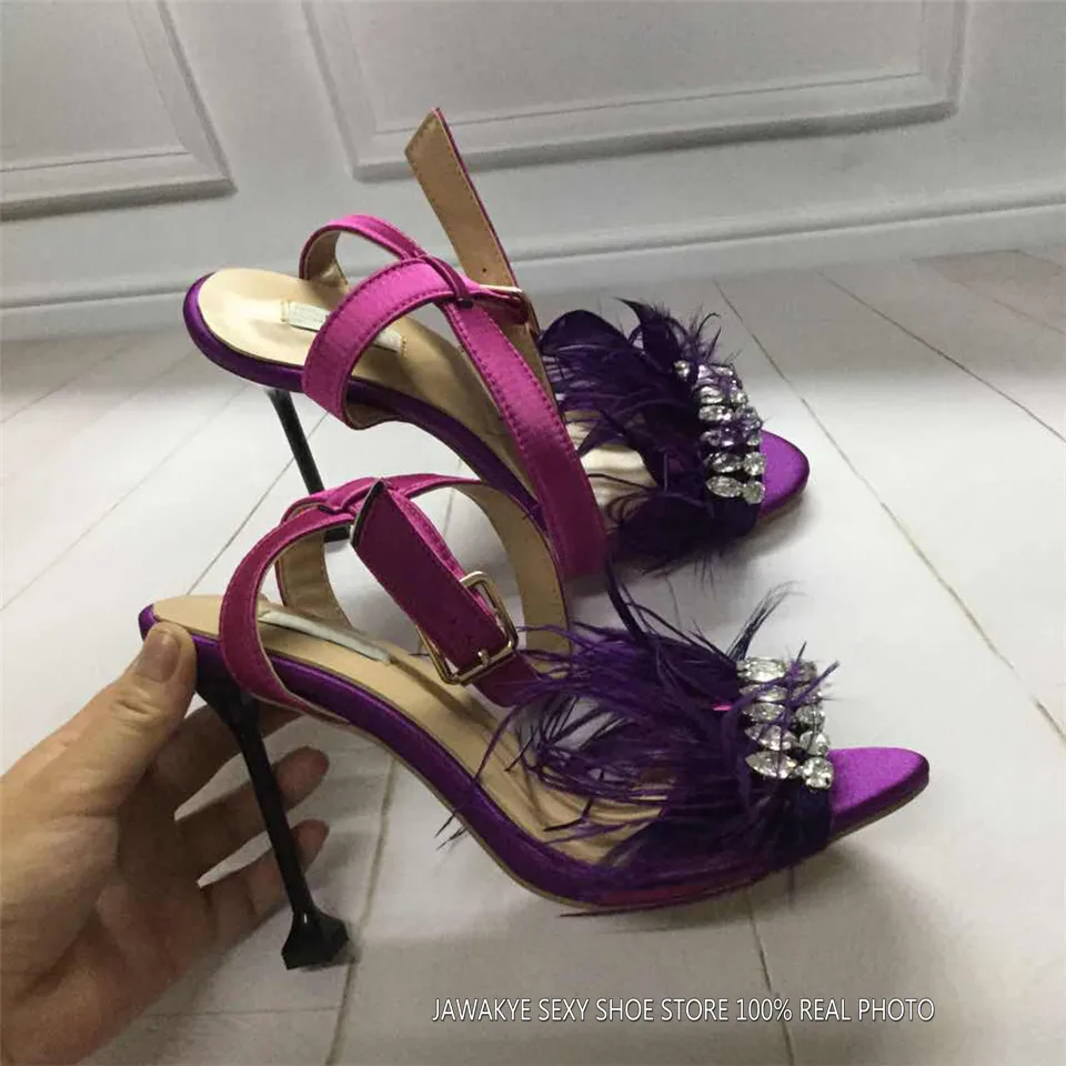 purple Модные кожаные женские босоножки; летняя Брендовая обувь на меху; фиолетовые босоножки на высоком каблуке со стразами и перьями; Свадебная обувь; sandalia feminina - Цвет: purple