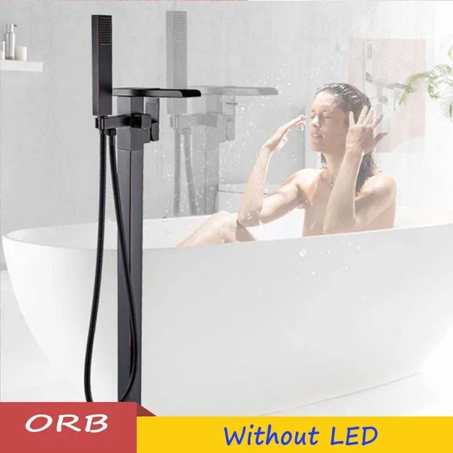 Orb Black no LED POIQIHY смеситель для ванны светодиодный светильник хромированный пол стойки-смесители водопад Носик холодная горячая ванна смеситель кран с ручным душевым - Цвет: Orb Black no LED