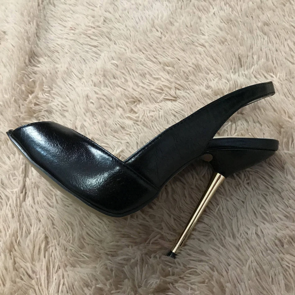 

Women Stiletto Thin Iron High Heel Sandals Sexy Sling Back Peep Toe Black PU Party Bridal Ball Lady Shoe 3845-g11