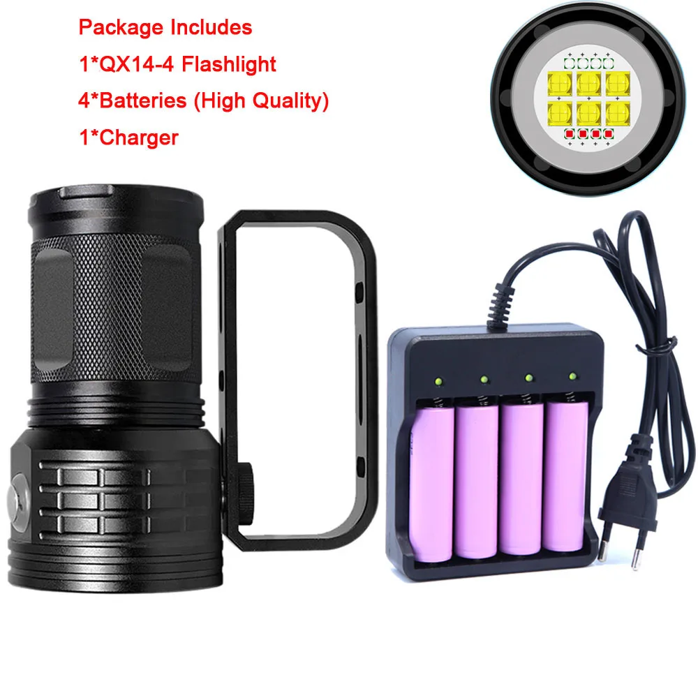 QX14-4 4-battery kit Дайвинг Lanterna Flash светильник 18650 фонарь подводный 80 м светильник для фотографии видео Лампа L2 белый красный синий светодиодный светильник для подводного плавания - Испускаемый цвет: QX14-4 4-battery kit