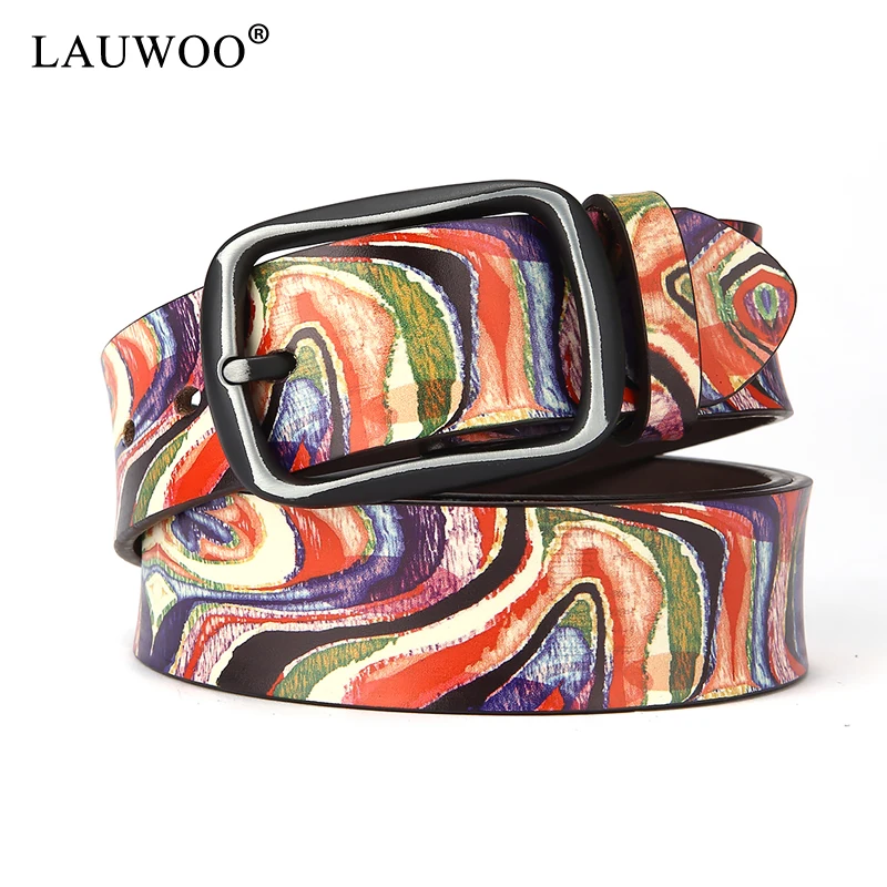 Ремень LAUWOO из натуральной кожи с принтом граффити для мужчин и женщин|printed leather
