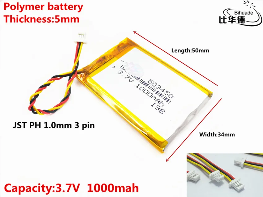

Полимерный литий-ионный/литий-ионный аккумулятор JST PH 1,0 мм 3-контактный хорошего качества 3,7 в, 1000 мА · ч 503450 для планшетного ПК, GPS,mp3,mp4