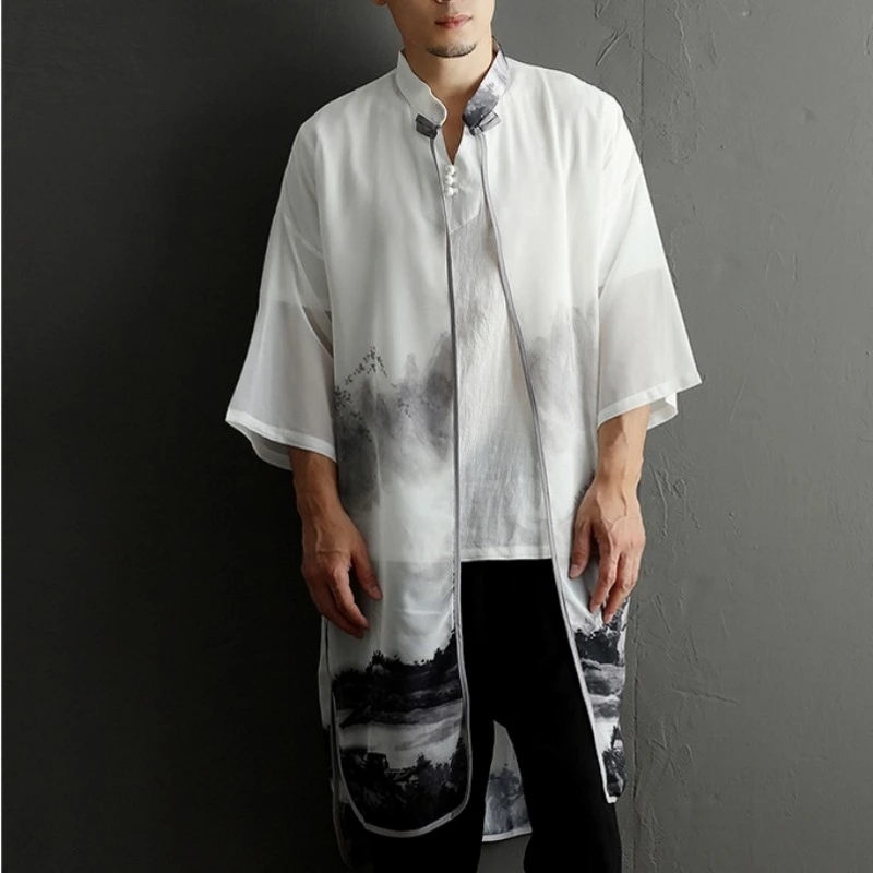 Рубашка мужская шифоновая Асимметричная с принтом Длинный топ в китайском стиле