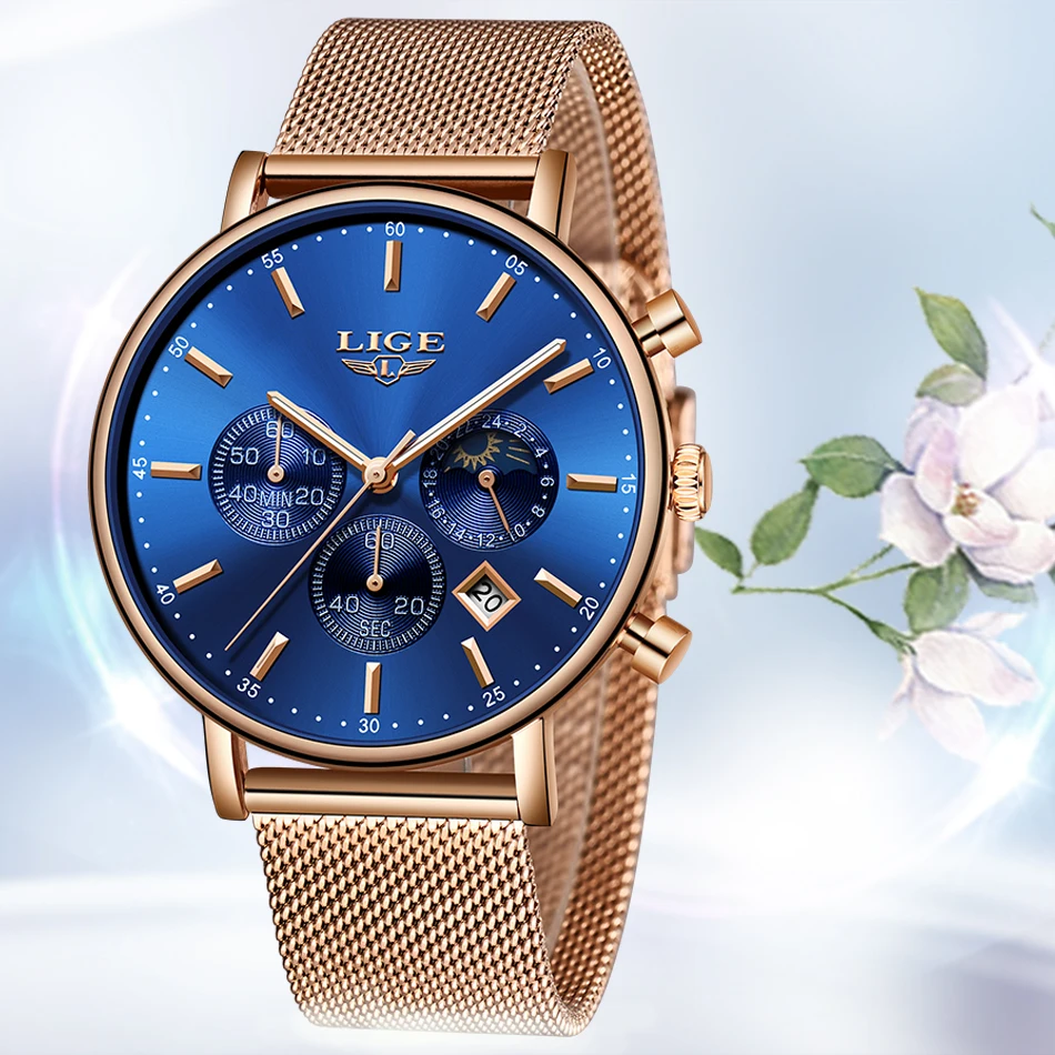 

LIGE Women Fashion Gold Blue Quartz Watch Lady Mesh Watchband High Quality Casual Waterproof Wristwatch Moon Phase Clock Women
