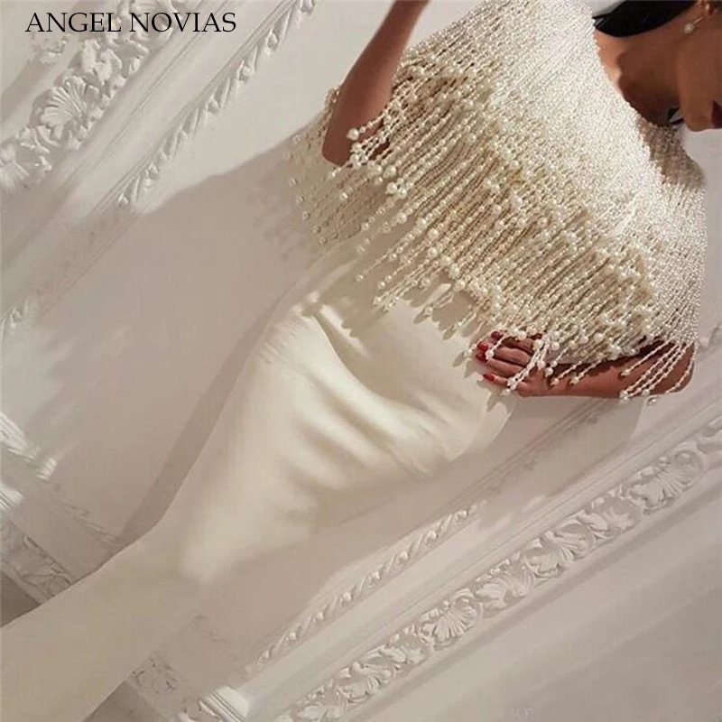 

Long White Mermaid Arabic Evening Dress 2020 kaftan Dubai Formal Evening Gowns with Tassel Pearls