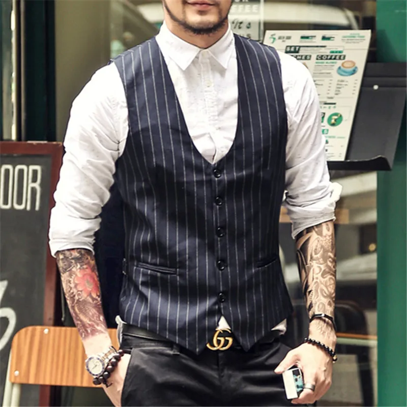 Для мужчин S платье костюм жилет Slim Fit Формальные Бизнес партии в полоску