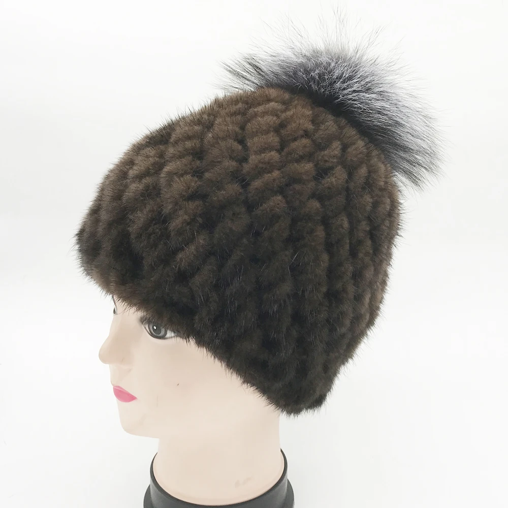 Зимние шапки из натурального меха норки женская теплая шапка с ананасом лисьего