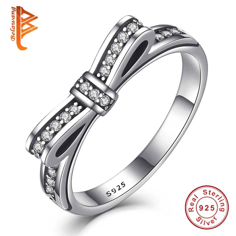 

BELAWANG горячее серебро 925 пробы сверкающий лук-узел Stackable кольцо микро Pave CZ для женщин подарок на день Святого Валентина ювелирные изделия