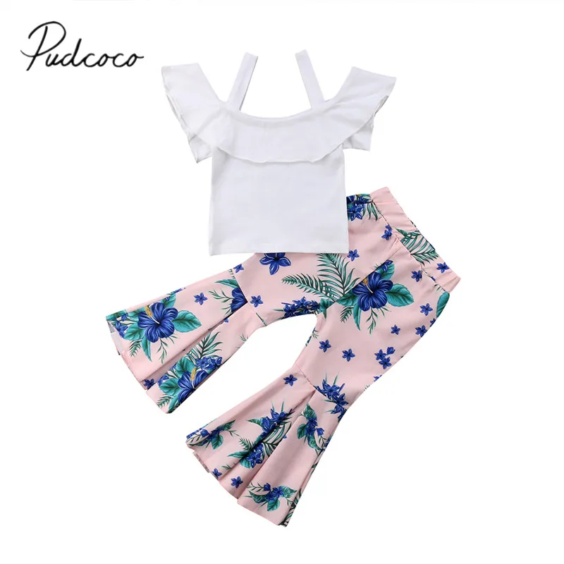 Новинка 2018 топ с открытыми плечами и ремешками для девочек расклешенные брюки