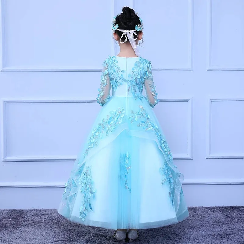 

Spring Autumn Children Girls New Long Sleeves Birthday Wedding Party Princess Long Dress Kids Teens Host Communication Dress
