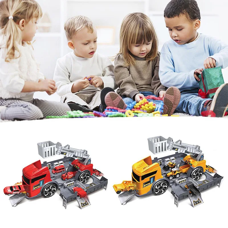 Kids Puzzle Toys Deformation Fire Engineering Vehicle Storage Parking Lot Parent-Child Interaction Inertia Car Model Set