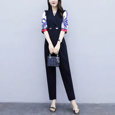 2019 Summer New Casual Fashion High Waist Jumpsuit Print V Collar Thin Section Feet Suit Women Plus Size | Женская одежда