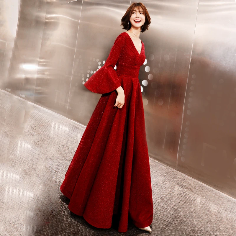 Темно красное платье невесты с расклешенным рукавом Чонсам v образным вырезом в