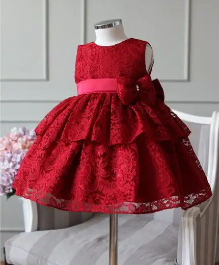 Элегантное платье для маленьких девочек модное Красное Кружевное без рукавов с