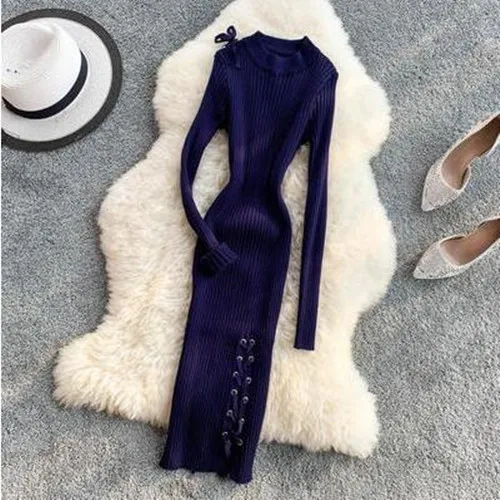 navy blue На шнуровке приталенных дамских платьев для осень-зима облегающее трикотажное платье миди длинное платье Для женщин Повседневное элегантные вечерние платье-футляр длиной до середины голени, платья - Цвет: navy blue