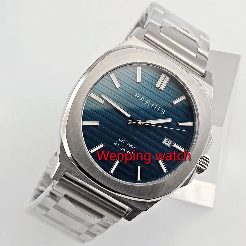 Мужские часы PARNIS 44 мм с синим циферблатом индикатором даты стальным корпусом