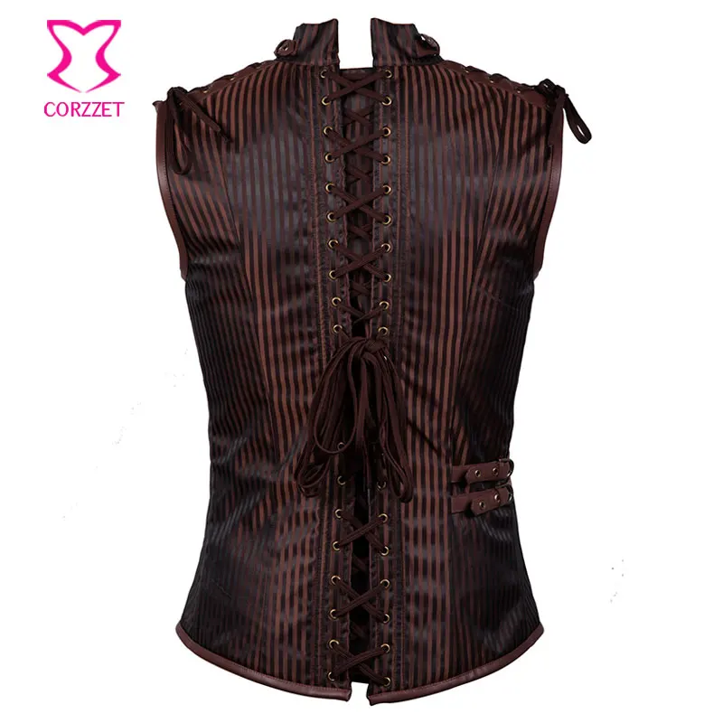 Мужской винтажный жилет в полоску коричневый без рукавов с воротником стойкой и