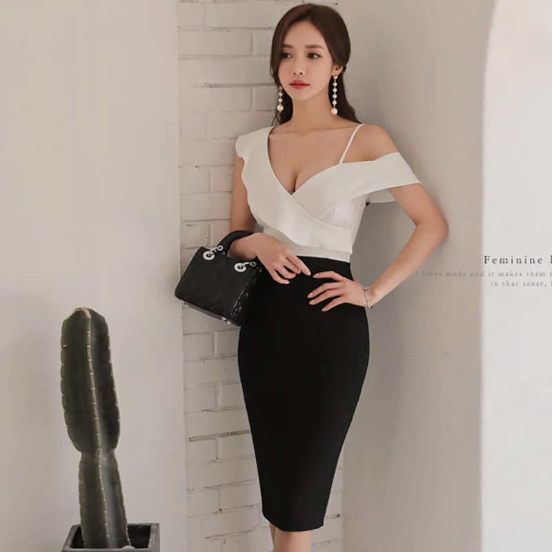 One Shoulder Strap Hit Color Women Dress Ruffle Cold-shoulder Mid-length Summer Dresses Slim Bodycon OL 2018 feminino | Женская одежда