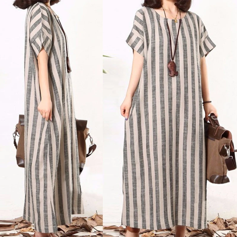 Платья размера плюс для женщин 4xl 5xl Весна Лето Повседневная мода короткий рукав хлопок лен в полоску Свободное длинное платье макси