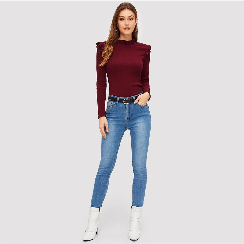 Dotfashion, бордовая, с оборкой, одноцветная, с длинным рукавом, футболка, женская, повседневная, осенняя, стоячий воротник, топы, тонкая, подходит, одежда, простая футболка