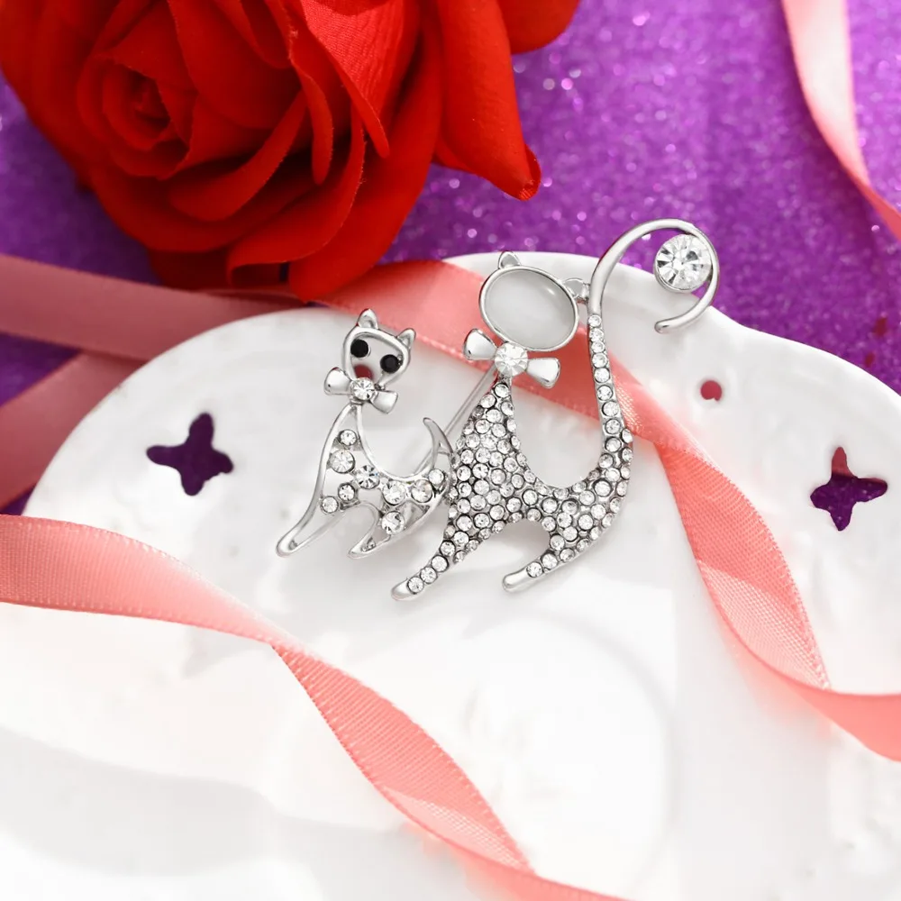 MINHIN Fashionable Opal Stone Animal Brooch Pins For Women Double Cat Jewelry Engagement Costume Accessories | Украшения и