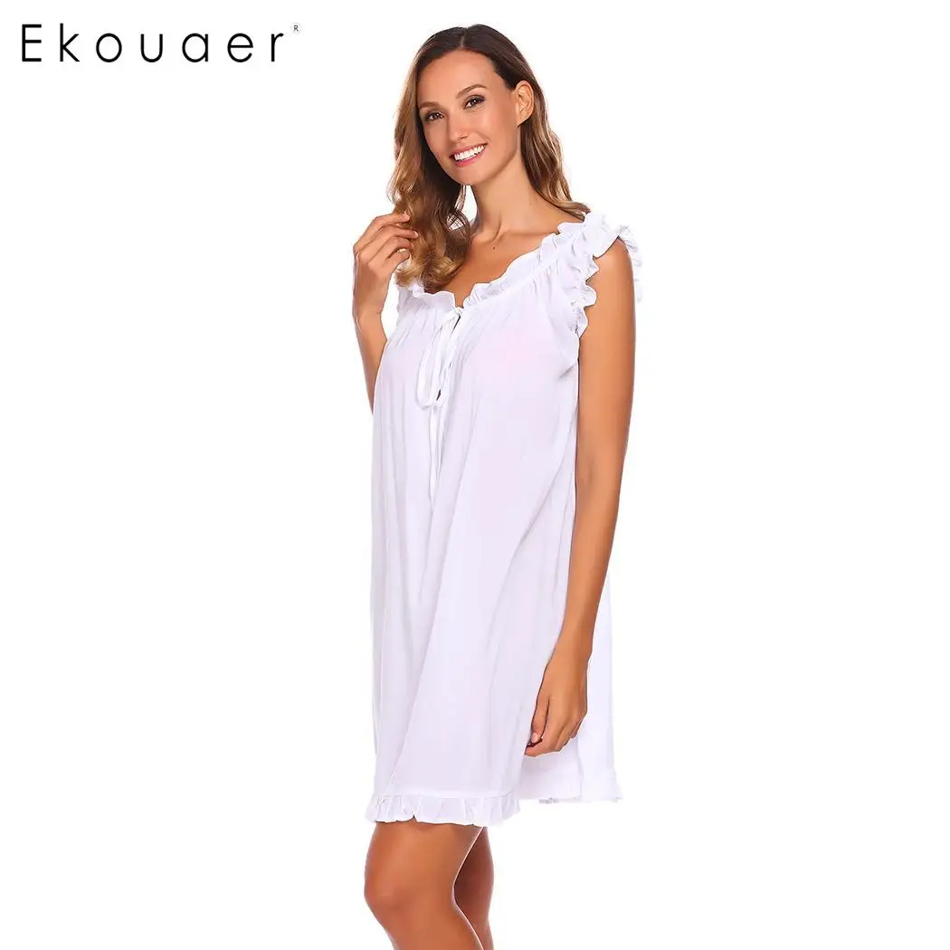 Ekouaer Nightgown Elegant Nightdress Casual Round Neckline Sleeveless Front Lace Up Sleepwear Solid Loose Ruffles Sleep Dress | Женская