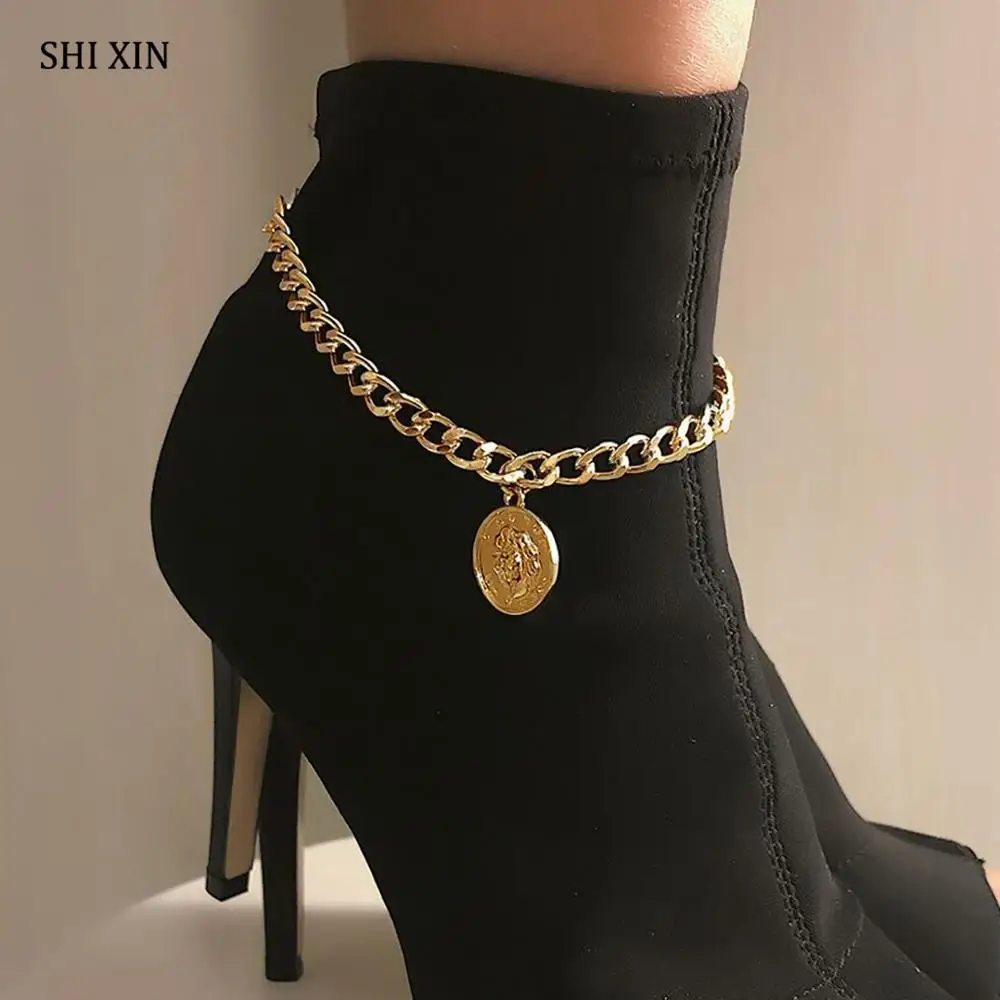 SHIXIN/модные очаровательные браслеты на щиколотке с монеткой в виде Александера для женщин; Современные сандалии; ботинки на высоком каблуке; женская обувь с украшением в виде цепочки на лодыжке