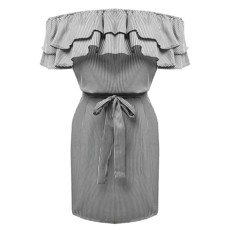 2017 женское платье в полоску с оборками и вырезом лодочкой летнее стильное