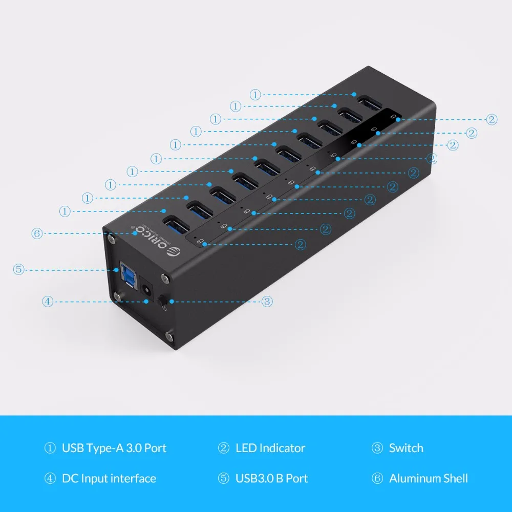 ORICO A3H10-BK Алюминиевый Супер Скоростной 10 портовый USB3.0 концентратор сплиттер с адаптером питания-черный