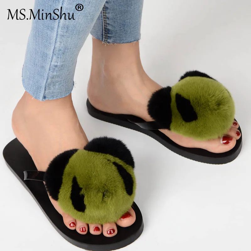 MS. MinShu/женские Вьетнамки с помпонами из натурального меха тапочки на плоской
