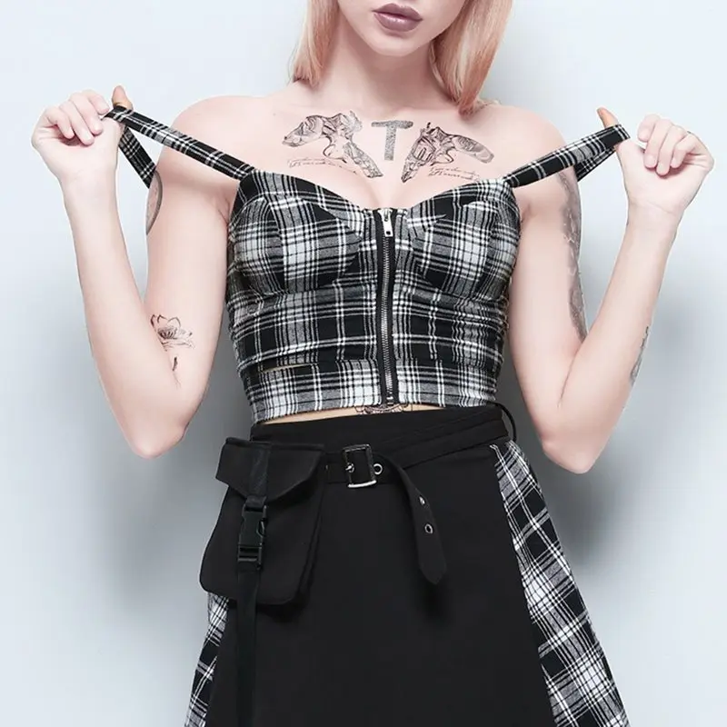 Клетчатые сексуальные женские майки Лето 2019 Винтаж молния панк Camisole девушка