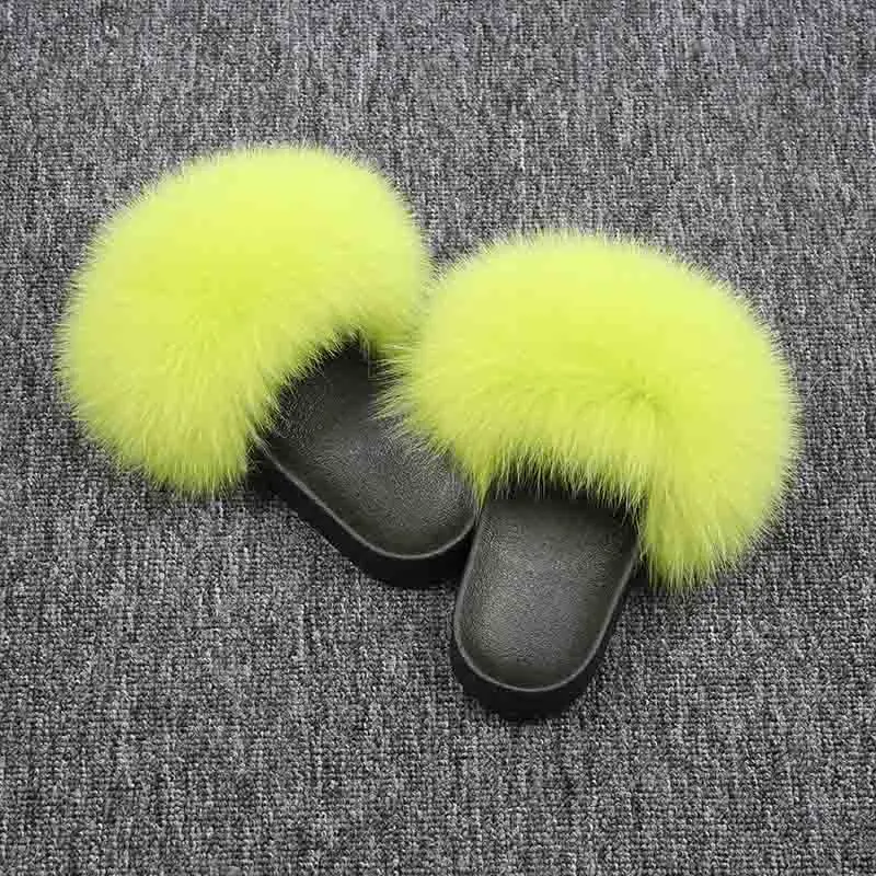 New Real Fox Fur Slippers Women Home Fluffy Sliders Plush Furry Summer Flats Cut Ladies Shoes Large Hot Selling | Обувь