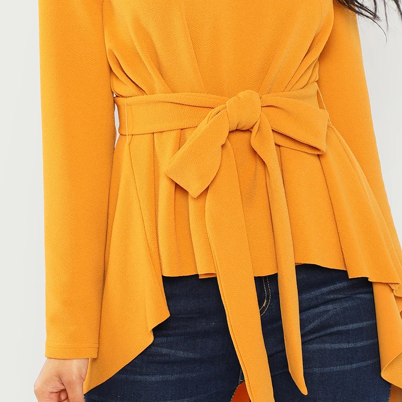 SHEIN, имбирный Асимметричный топ с поясом, Повседневная блуза с длинным рукавом и круглым вырезом, Женская Осенняя элегантная офисная блуза