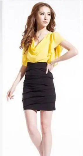 up yellow down black Летние платья для женщин, корейский стиль, Раффлед, темперамент, для офиса, для девушек, для работы, маленькая черная бандажная посылка, карандаш, искусственный, два предмета, платье - Цвет: up yellow down black