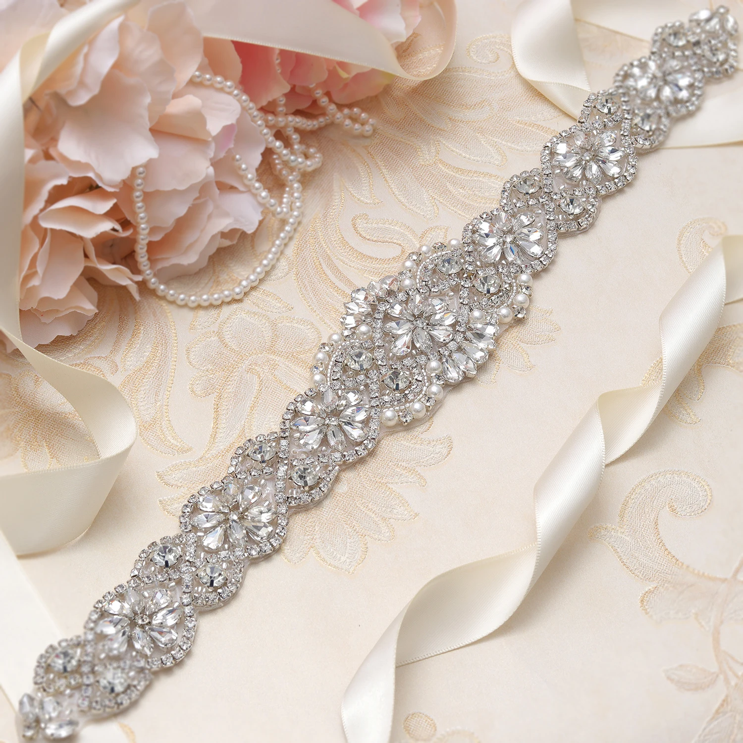 

MissRDress Rhinestones Wedding Belt Handmade Pearls Bridal Belt Silver Crystal Flower Bridal Sash For Women Prom Dresses JK835