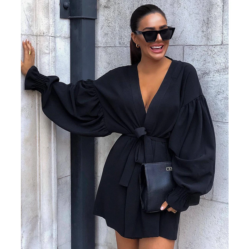 Сексуальное однотонное черное платье для женщин с поясом со шнуровкой