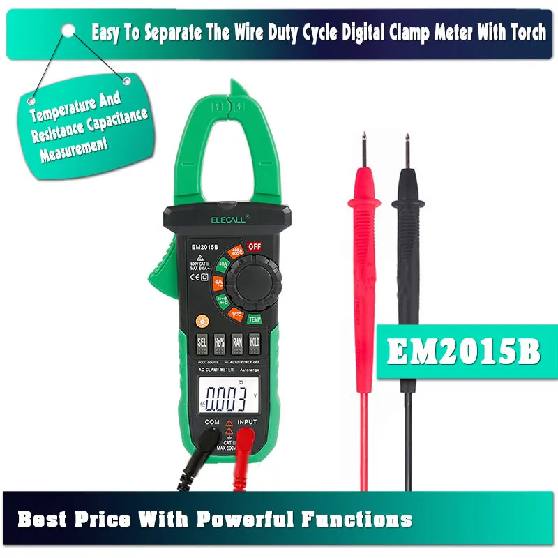 

ELECALL EM2015B Best Price Duty Cycle Digital Clamp Meter With Torch Temperature And Resistance Capacitance Measurement