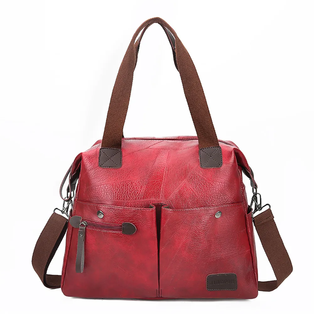 WineRed Multi-pocket Casual Large Capacity Women Tote Shoulder Bag PU Leather Ladies Handbag Messenger Bag Soft Shopping Crossbody Bag - Цвет: WineRed