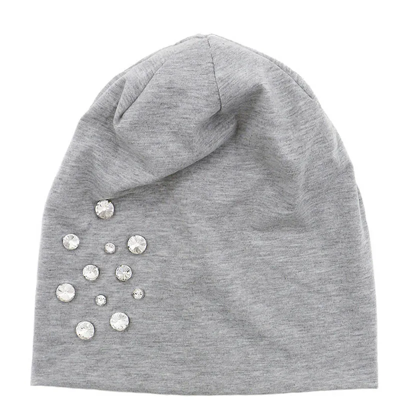Grey 2 GZHilovingL Женские повседневные хлопковые шлепки шапочки-бини Mulher хип-хоп однотонная черная Шапка-бини со стразами для женщин - Цвет: Grey 2