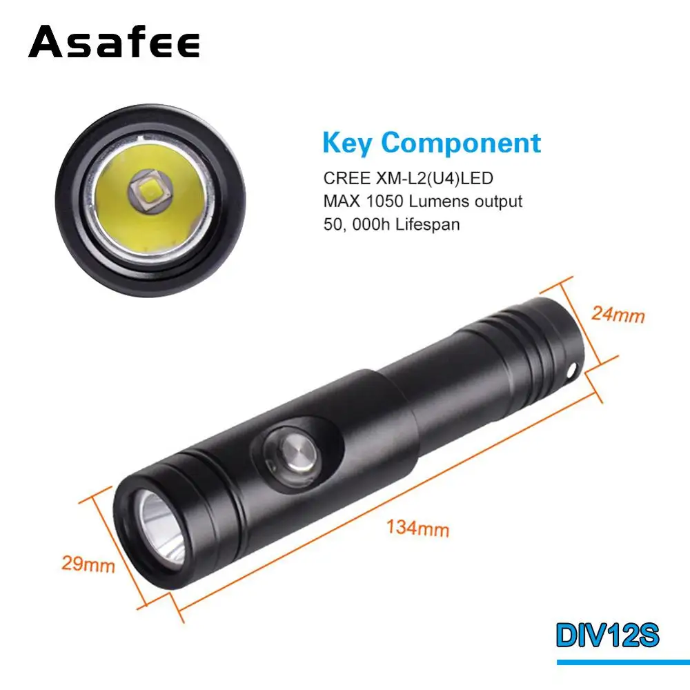 구매 Asafee 밤 다이빙 손전등 스쿠버 토치 18650 크리어 XM-L2 U4 LED 휴대용 방수 동굴 다이빙 토치