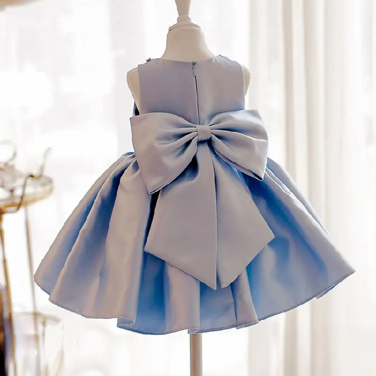 Toddler Blue Satin Baby Baptism Dress Bead Princess Infant Wedding Gown Big Bow 1 Year Girl Birthday Kids Party Wear | Детская одежда и