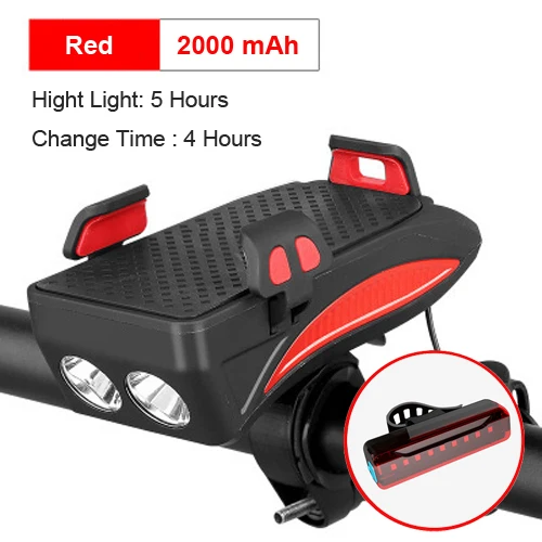 2000 Red taillight NEWBOLER велосипедный фонарь с зарядным аккумулятором, USB Перезаряжаемый фонарик, держатель для телефона, велосипедный фонарь, 4000 мАч, велосипедный рог, светодиодный свет - Color: 2000 Red taillight