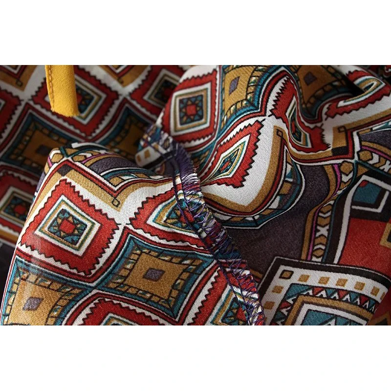 PERHAPS U women boho yellow red bohemian chiffon bow lace up geometric flare sleeve o neck blouse shirt female B0014 |