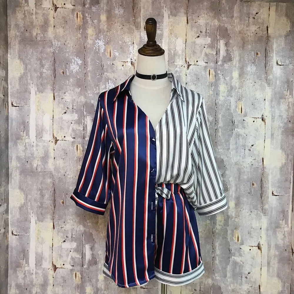 JRMISSLI Summer 2018 Women Pajamas Turn-down Collar Sleepwear Two Piece Set Shirt+Shorts Striped Casual Pajama Sets | Женская одежда