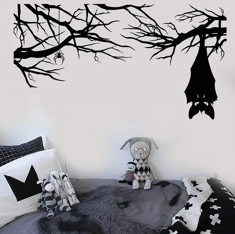 

Vinyl Wall Decal Cartoon Gothic Spider Bat On Branch Halloween Stickers Home Living Room Window Decal WSJ15