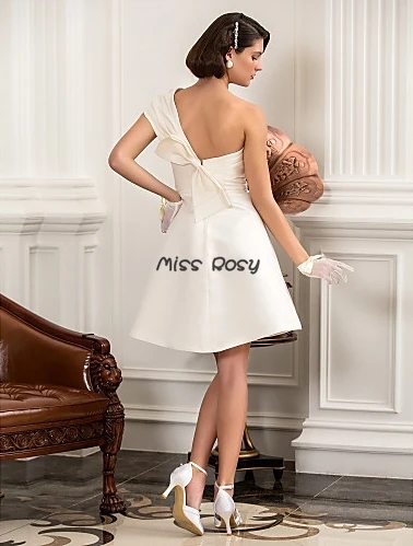 Custom Made One-shoulder Sleeveless Bow Satin A-line White/Ivory Short Cheap Wedding Dress | Свадьбы и торжества