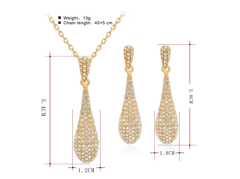 Luxury Gold Color Exquisite Wedding Jewelry Sets For Women Full Rhinestone Crystal Water Drop Pendant Necklace And Earrings | Украшения и