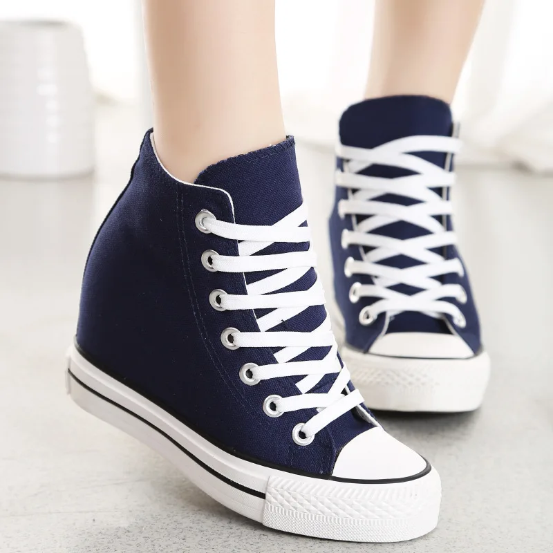 

Hot Womens Canvas Hidden Wedge High-Top Lace Up Platform casual Trainers Shoes Black White C301